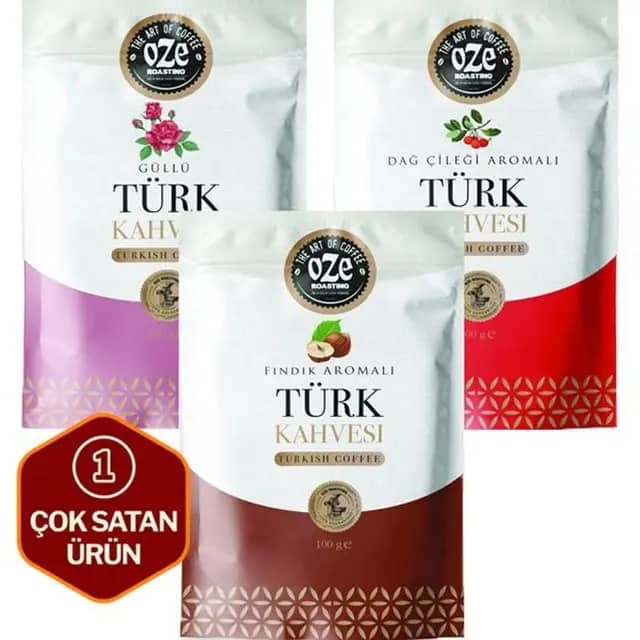 Aromalı Türk Kahvesi Seti Dağ Çilekli, Güllü, Fındıklı 3'lü 100G - Aromalı Türk Kahvesi