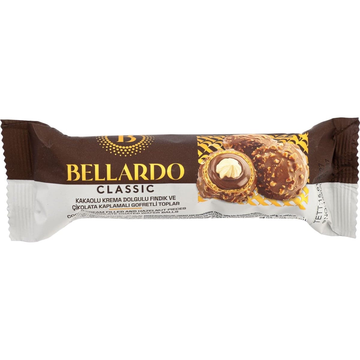 Bellardo Classic Kakaolu Krema Dolgulu, Fındıklı ve Çikolata Kaplamalı Gofret Topları (37,5 g)