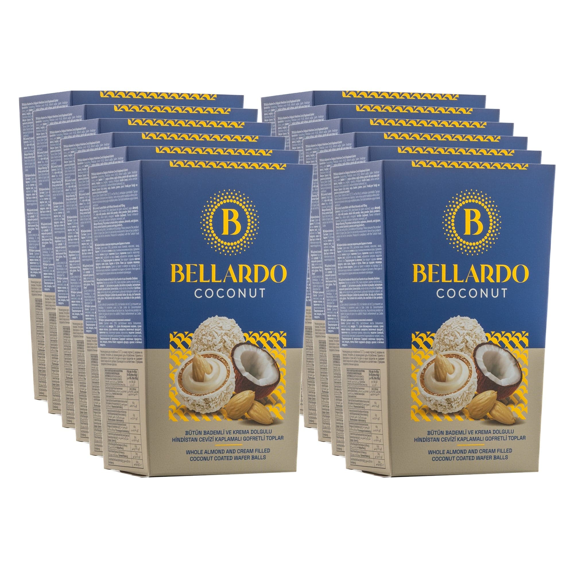 Bellardo Coconut Bütün Bademli ve Krema Dolgulu Gofret Topları 150 g x 12 Adet (Koli)