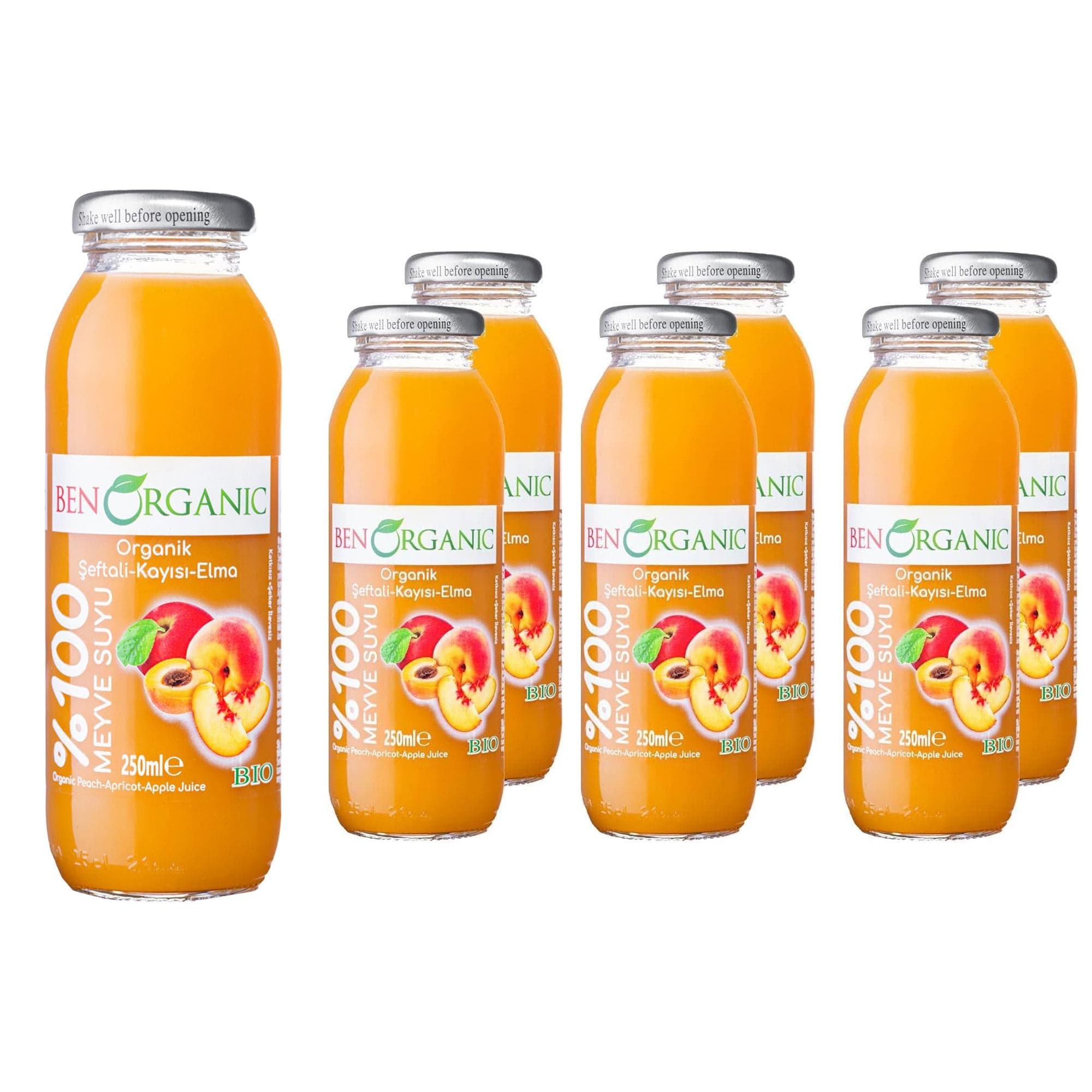 BENORGANIC Organik Kayısı Şeftali Elma Suyu 250 ml x 6 Adet Cam Şişe