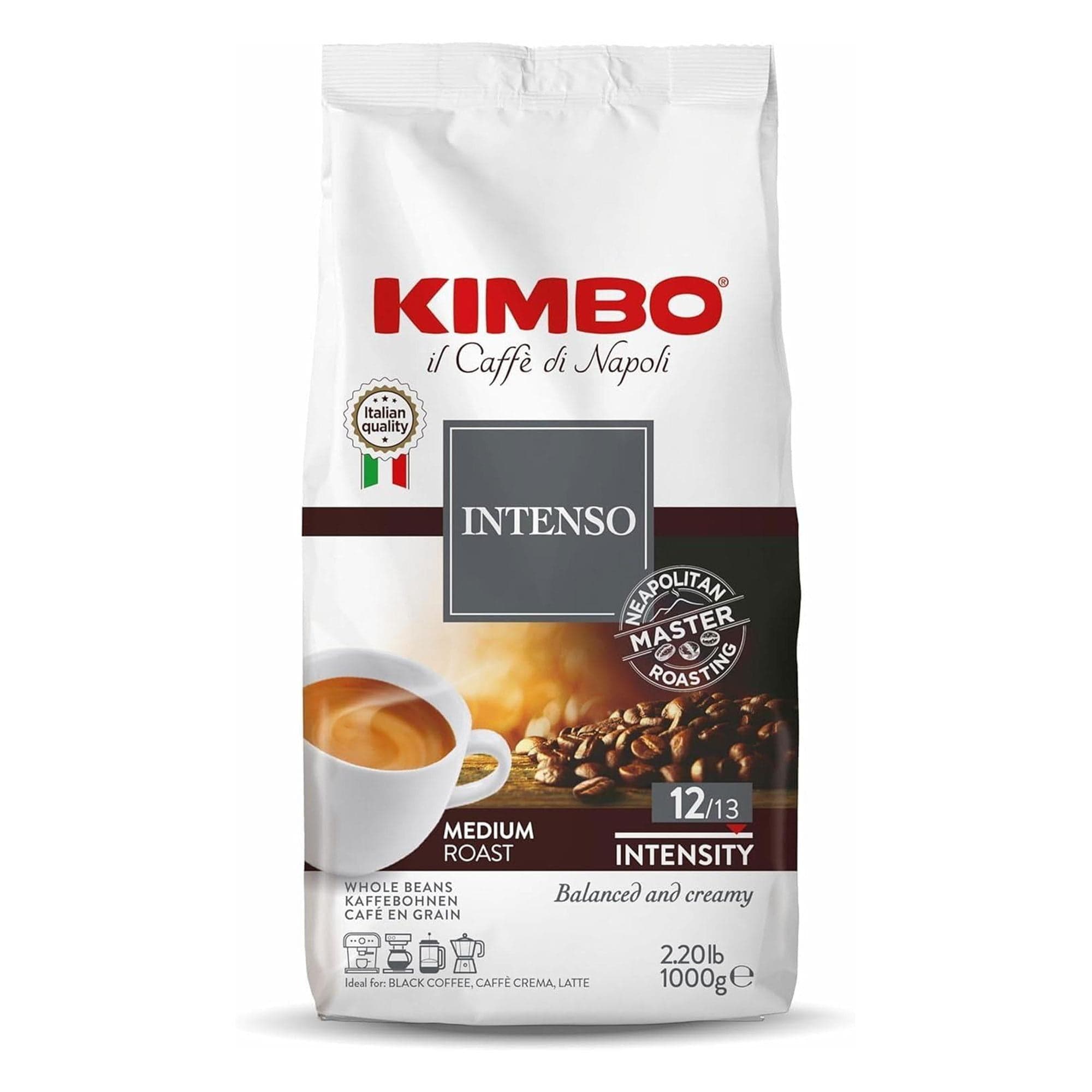 Kimbo Intenso Çekirdek Kahve | Orta Kavrulmuş | 12/13 Yoğunluk | Dengeli ve Kremsi | İtalya'da Harmanlanmış ve Kavrulmuş | 1 Kg