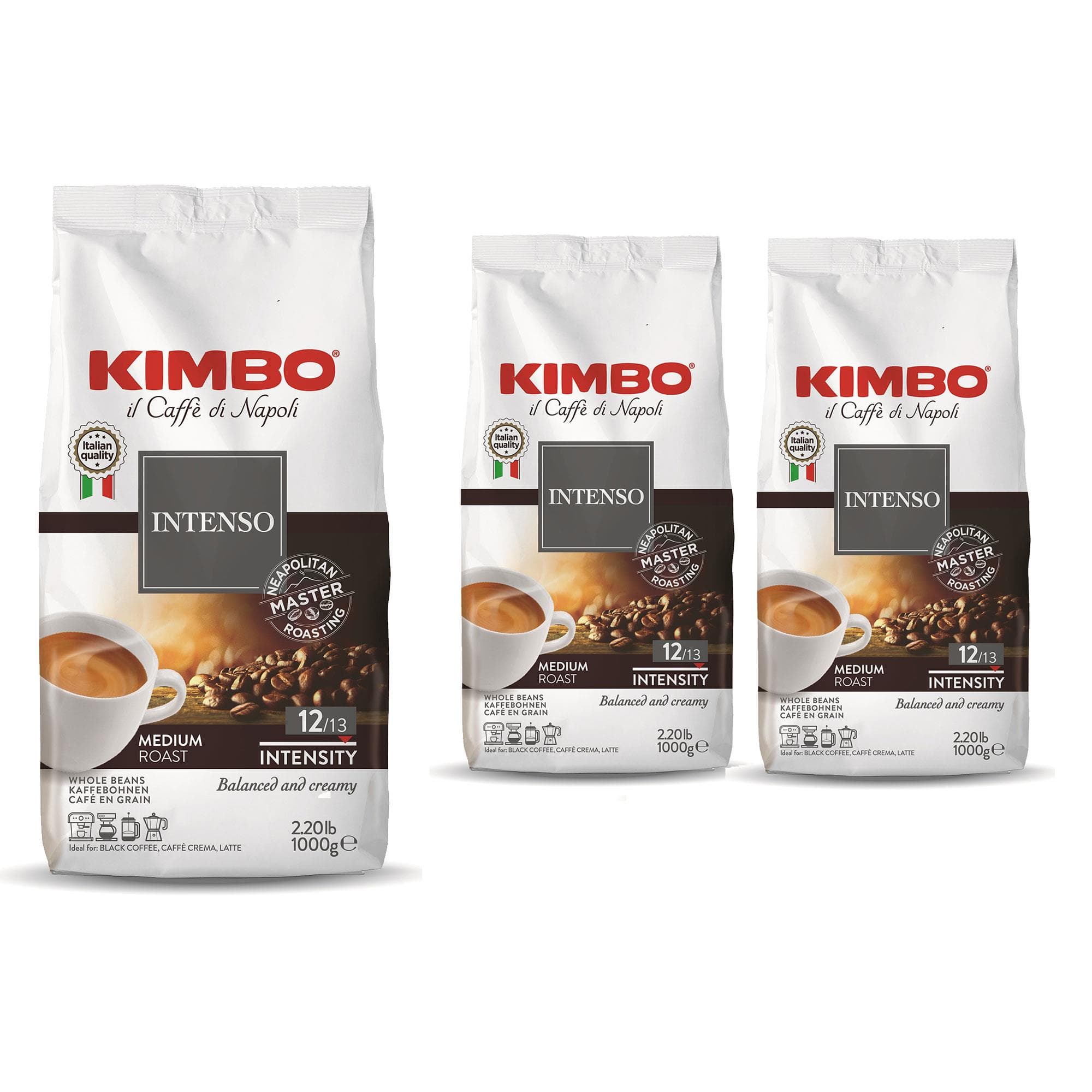 KIMBO INTENSO Çekirdek Kahve | Orta Kavrulmuş | 12/13 Yoğunluk | Dengeli ve Kremsi | İtalya'da Harmanlanmış ve Kavrulmuş | 1 Kg x 2 Adet