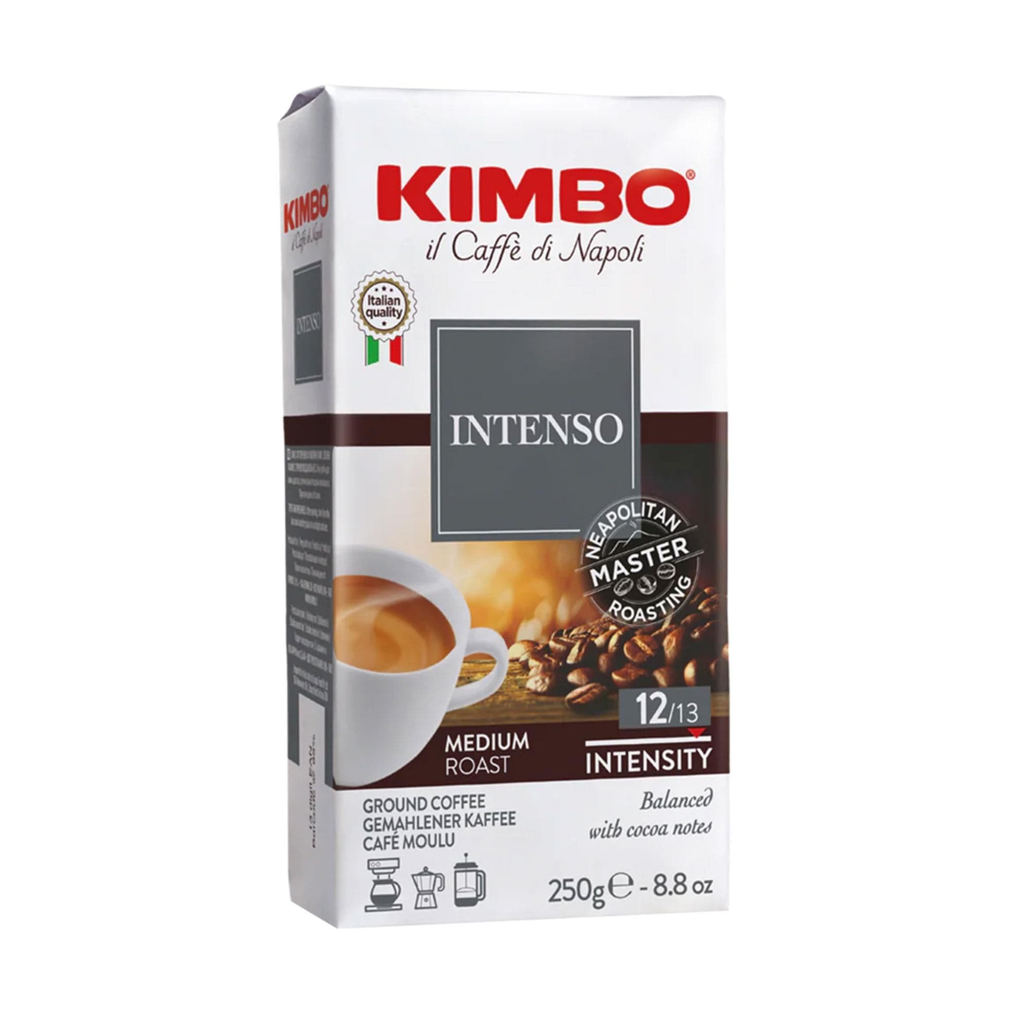 KIMBO INTENSO Filtre Kahve 250 g | İtalya'da Öğütülmüş Orta Kavrulmuş | Kakao Notaları ve Dolgun Gövdeli | Vakum Paket