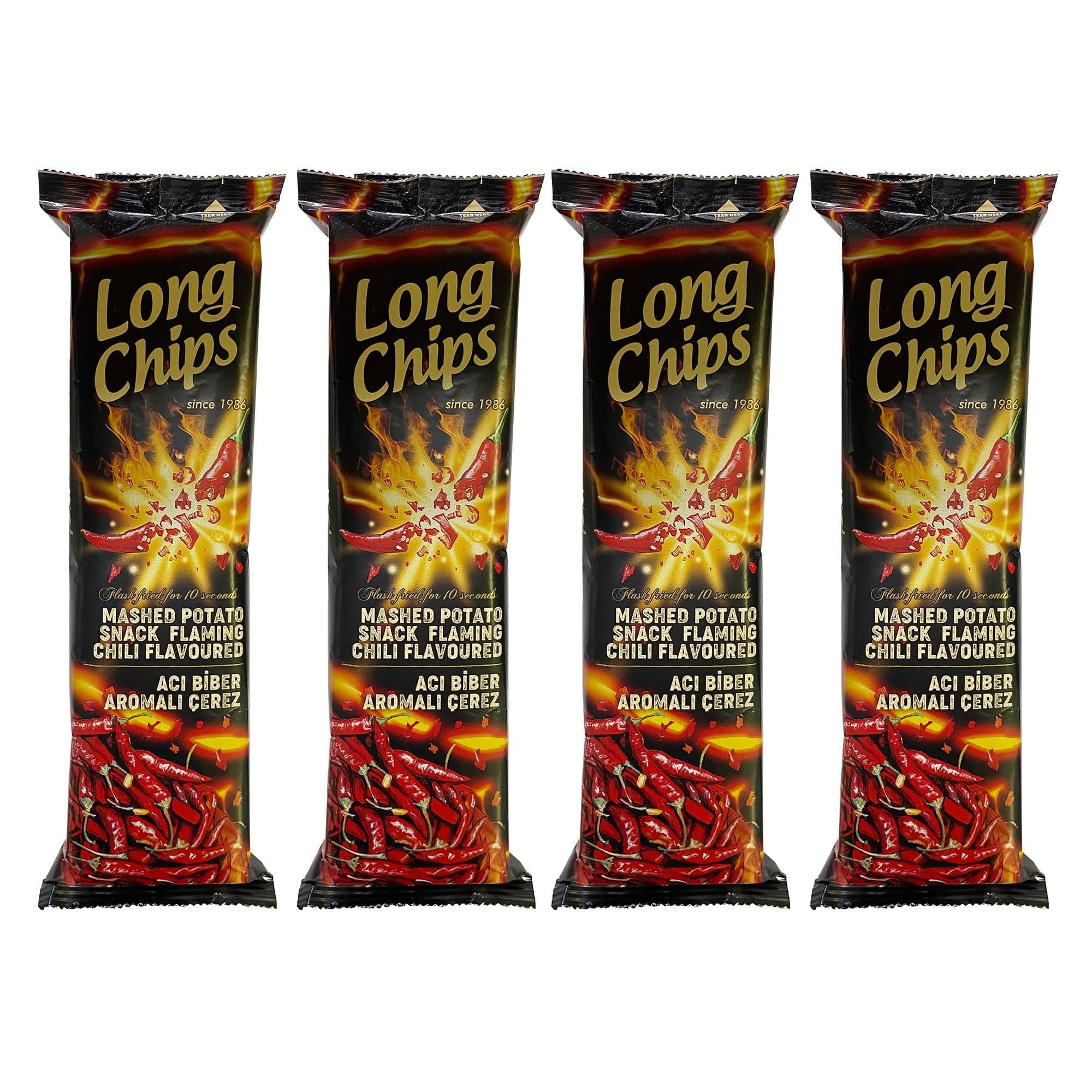 Long Chips Acı Biberli Cips | Uzun Cips | Az Yağlı | Letonya Ürünü | 75 g x 4 Adet