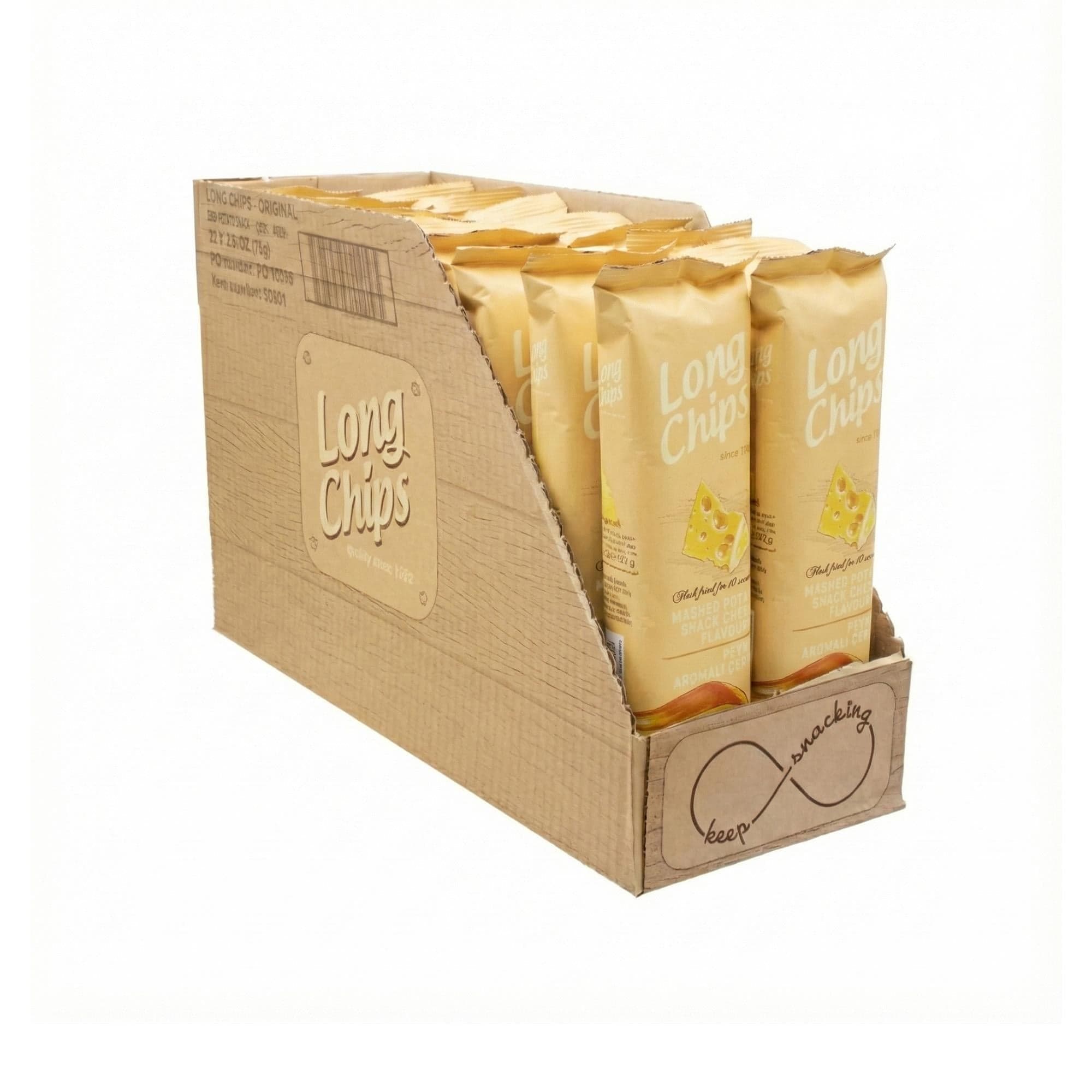 Long Chips Peynir Aromalı Patates Cipsi | Uzun Cips | Az Yağlı | Letonya Ürünü | 75 g x 20 Adet