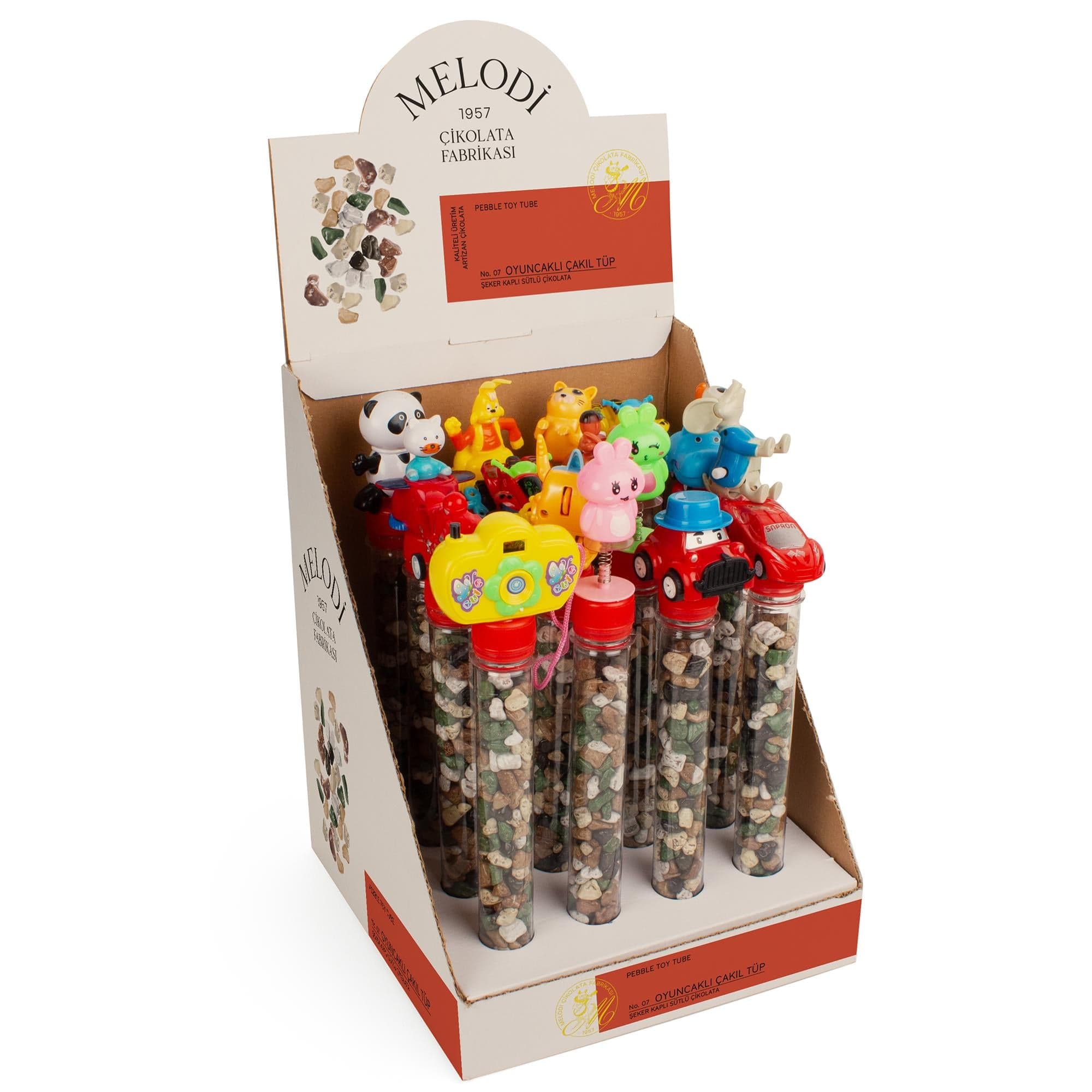 Melodi Oyuncaklı Çakıl Tüp | Renkli Şeker Kaplı Sütlü Çikolata | Hediye Etmek İçin İdeal | 85g x 16 Adet