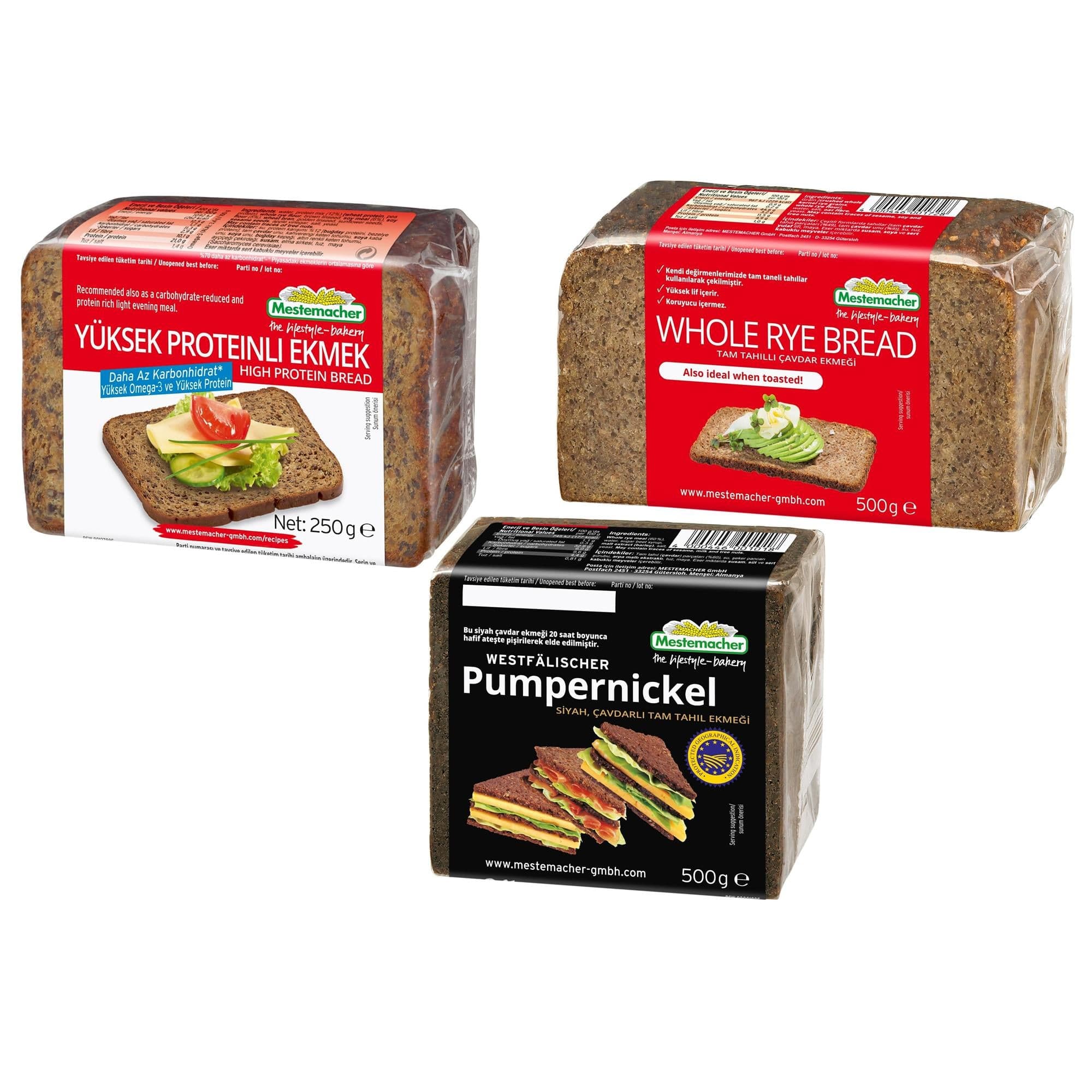 Mestemacher Yüksek Proteinli Ekmek 250g, Tam tahıllı Çavdar Ekmeği 500g, Pumpernickel Siyah Çavdarlı Tam Tahıl Ekmeği 500g Deneme Seti