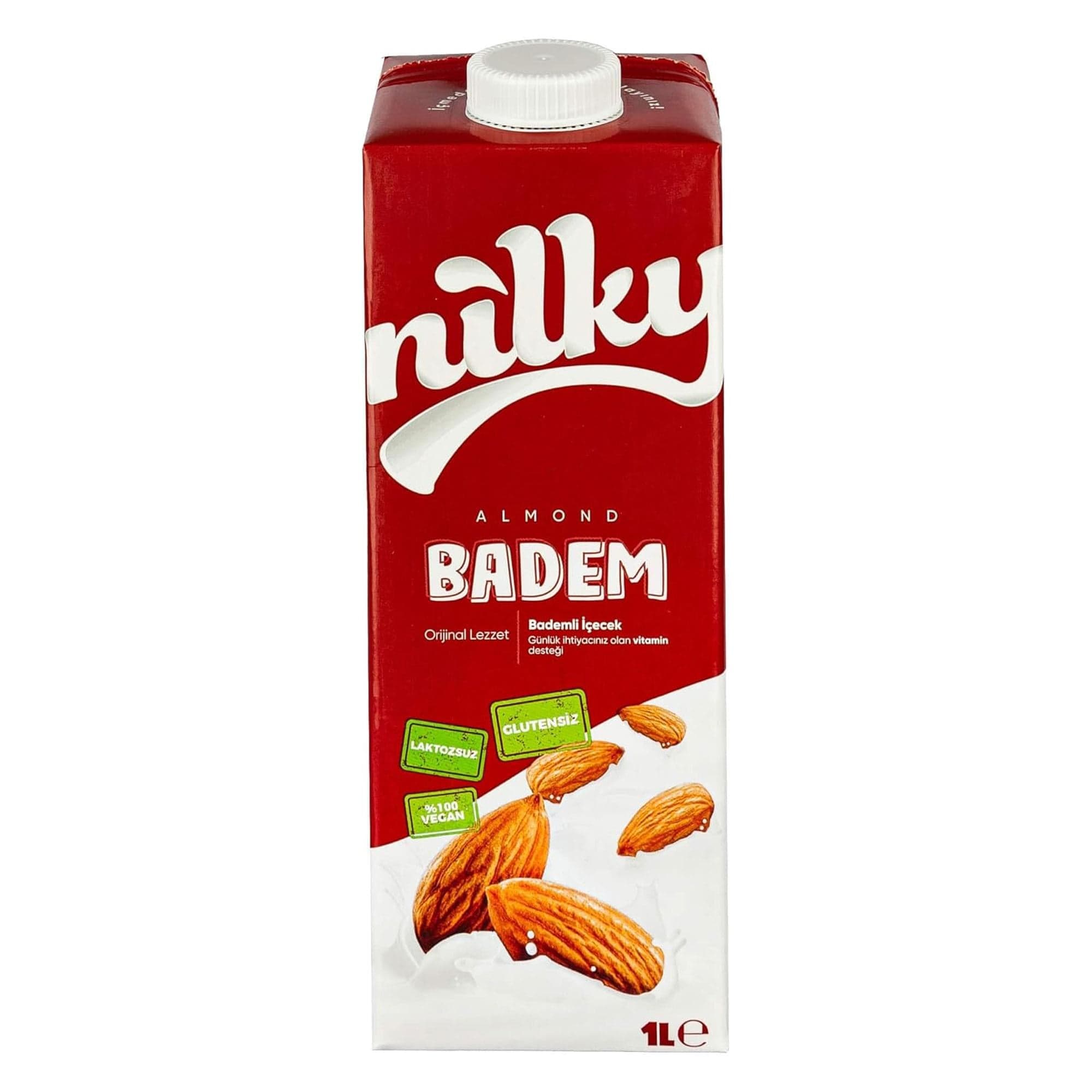 Nilky Badem Sütü | Bitkisel Bazlı İçecek | Laktozsuz | Vegan | Glutensiz | Koruyucu Yok | Süt Ürünleri İçermez | 1L