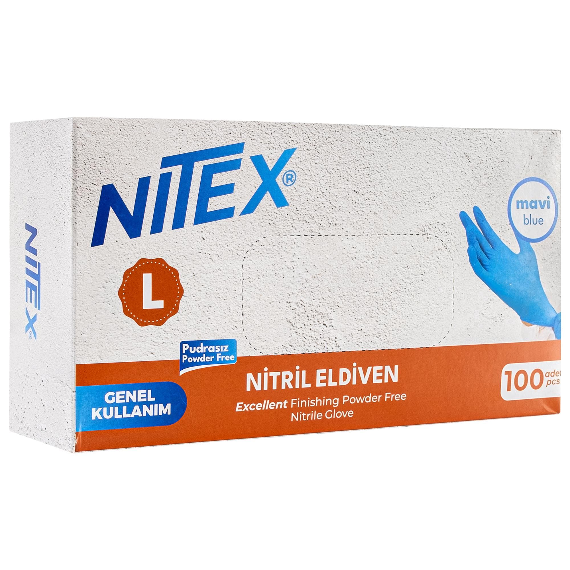 NITEX Pudrasız Mavi Nitril Eldiven L Beden 100'lü Kutu