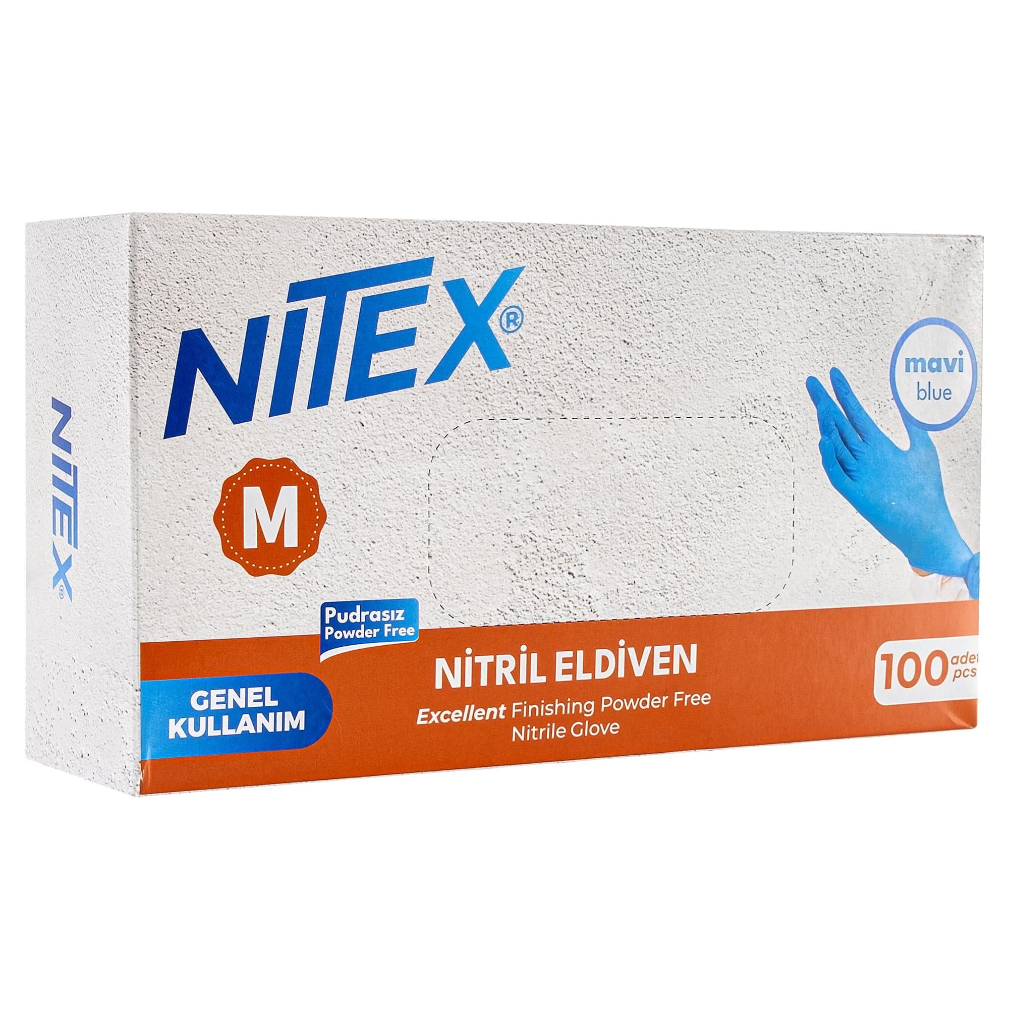 Nitex Pudrasız Mavi Nitril Muayene Eldiveni M Beden 100'lü Kutu