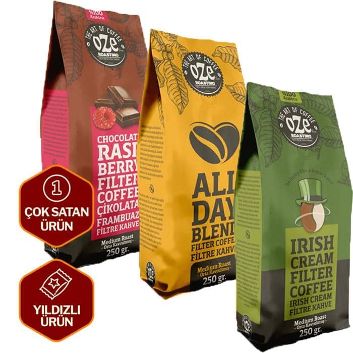 Aromalı Filtre Kahve Tanışma Seti Irish Cream, All Day Blend, Çikolata Frambuaz 3'lü 250G