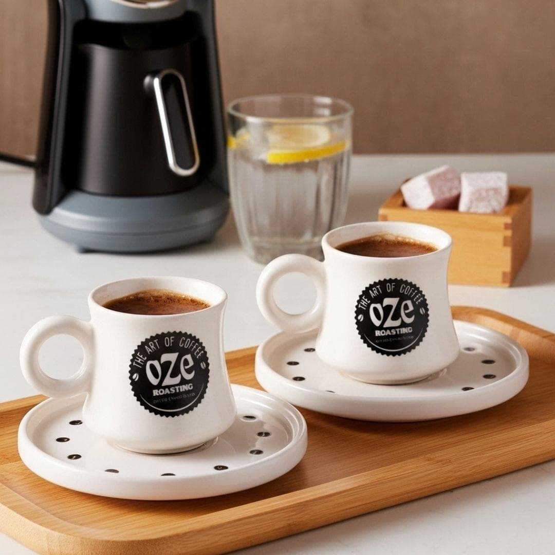 Oze® Collection Seramik Türk Kahvesi Fincanı (Tabaklı) - 2'li Set