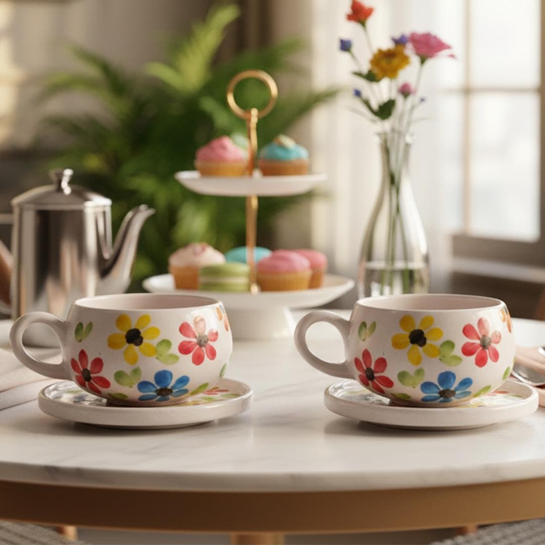 Oze Tabaklı Seramik Fincan 2'li Set – No: 23 Renkli Çiçekli Tasarım