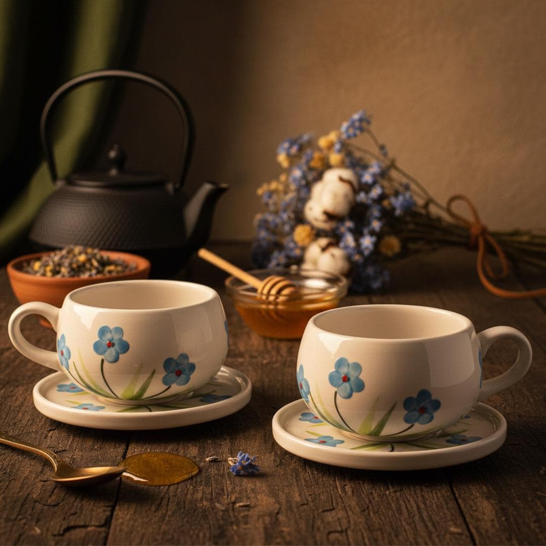 Oze Tabaklı Seramik Fincan 2'li Set – No: 25 Menekşe Tasarımlı