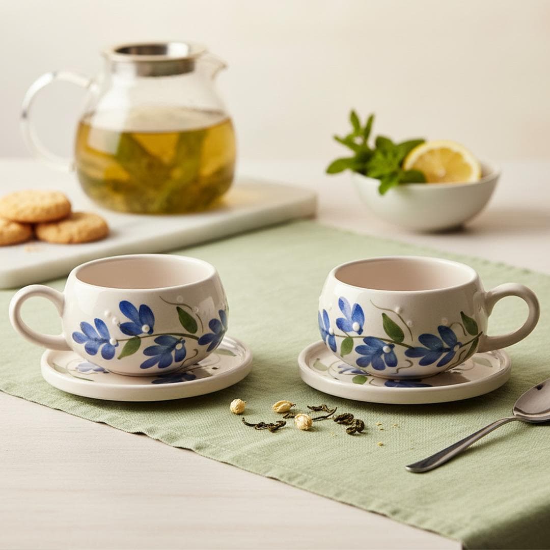 Oze Tabaklı Seramik Fincan 2'li Set – No: 21 Mavi Çiçekli Tasarım