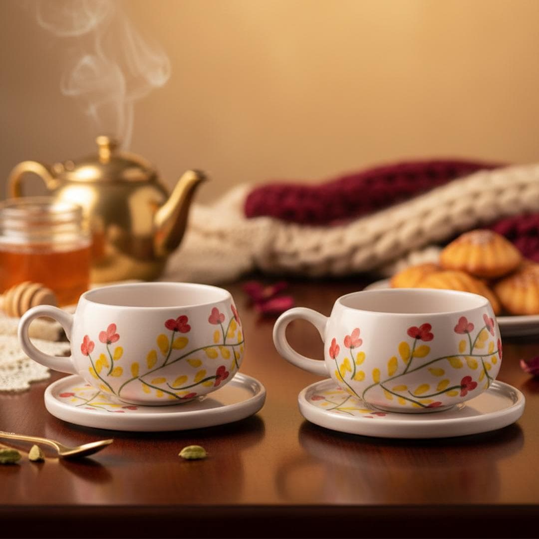 Oze Tabaklı Seramik Fincan 2'li Set – No: 22 Pembe Çiçekli Tasarım