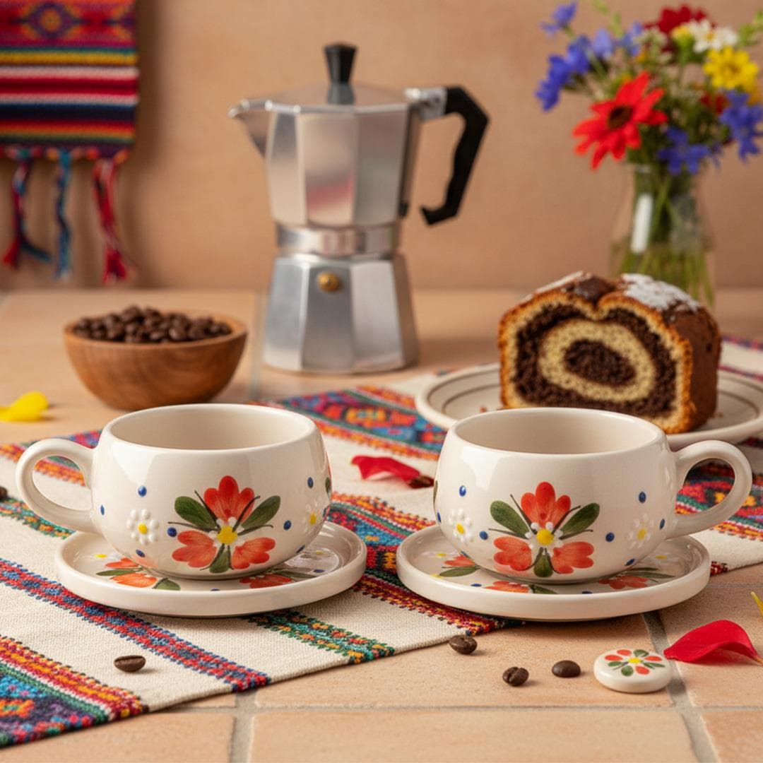 Oze Tabaklı Seramik Fincan 2'li Set – No: 24 Kırmızı Çiçekli Tasarım