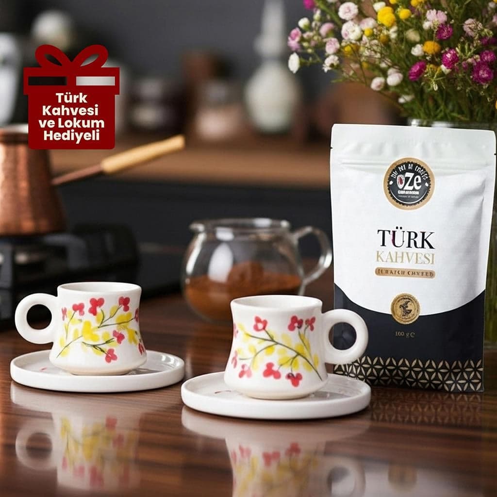 Oze Türk Kahvesi Fincan Seti – No: 05 Pembe Tasarım - 2'li Türk Kahvesi Fincanı, Türk Kahvesi ve Lokum