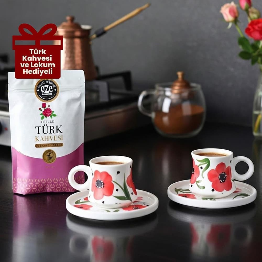 Oze Türk Kahvesi Fincan Seti – No: 01 Güllü Tasarım - 2'li Türk Kahvesi Fincanı, Güllü Türk Kahvesi ve Lokum - Kahve Severlere Hediye Gönder