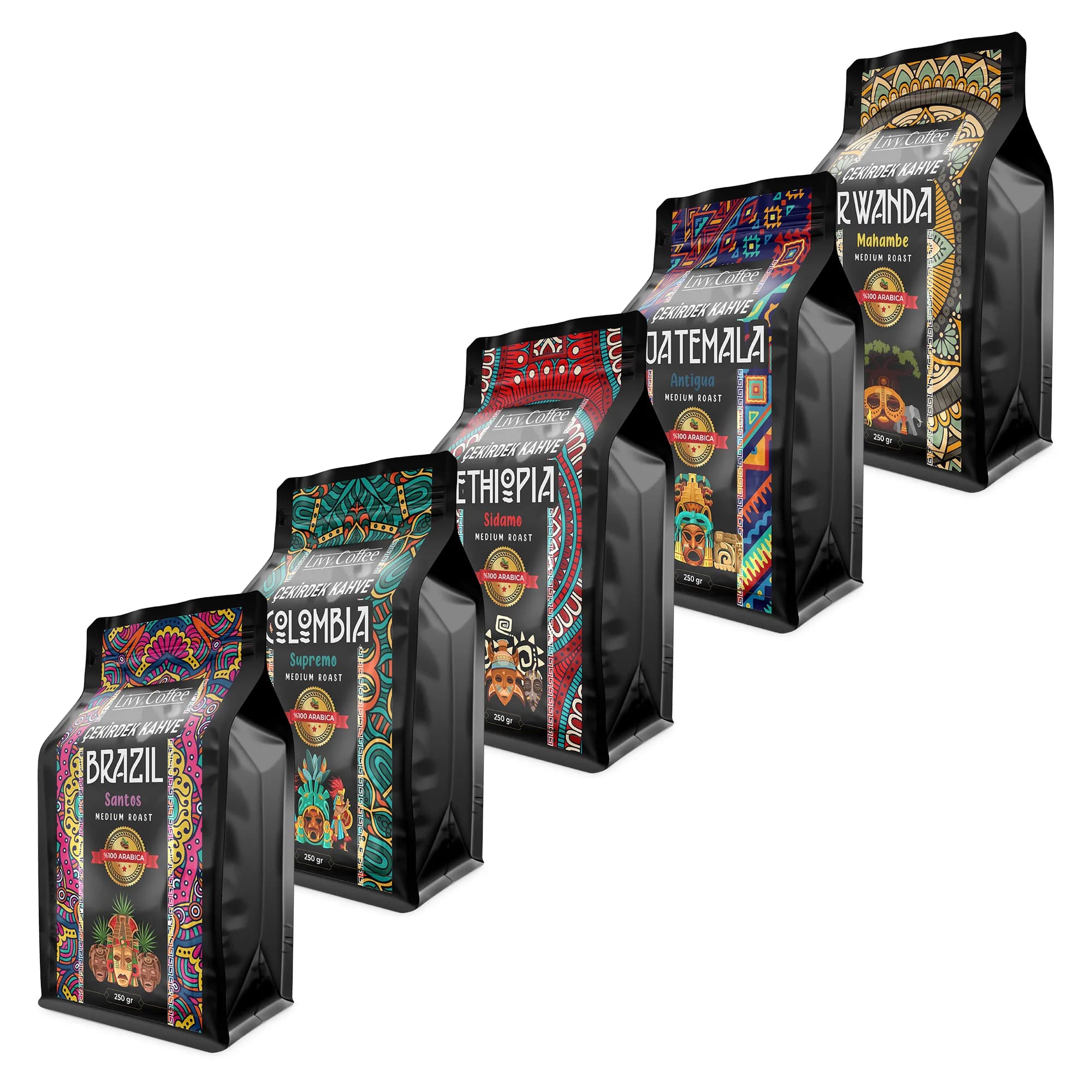 Livy Coffee Dünya Yöresel Çekirdek Kahve Colombia – Kenya – Ethiopia – Guatemala – Rwanda 5 X250 gr